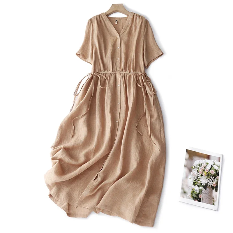 

Pop Cotton Shirt Dresses New Summer High Waist Lace Up Slim Female Daily Dress Soft Comfortable Buttons Maxi Dress For Women