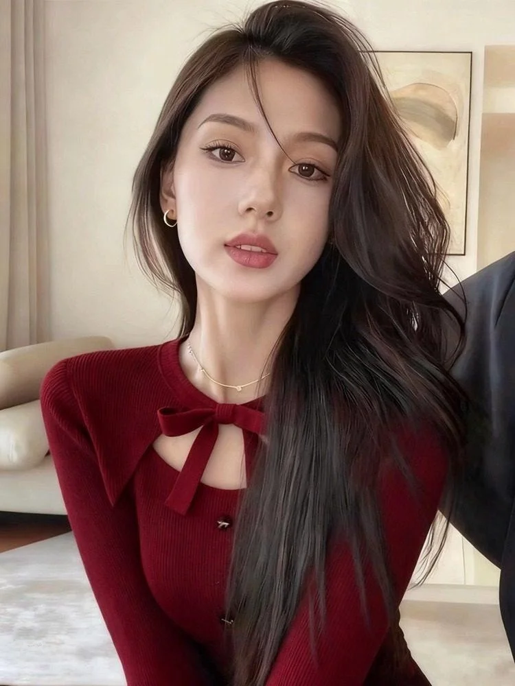 

Красный вязаный свитер с узлом в новогоднем стиле для женщин, осенне-зимний, приталенный, базовый топ, роскошный, с круглым вырезом, длинный рукав