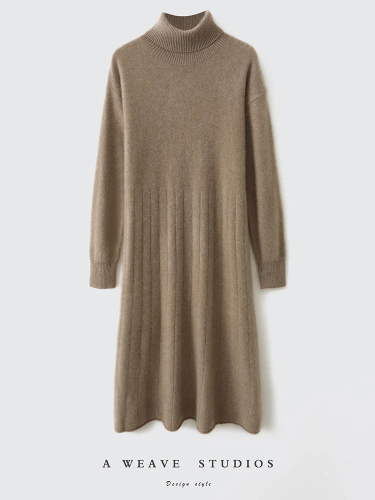 

100% Merino Wool Sweater Dress Women's Turtleneck Pullover Autumn Winter Jacquard Curled Hem Knitwear Loose Soft Cashmere Skirts