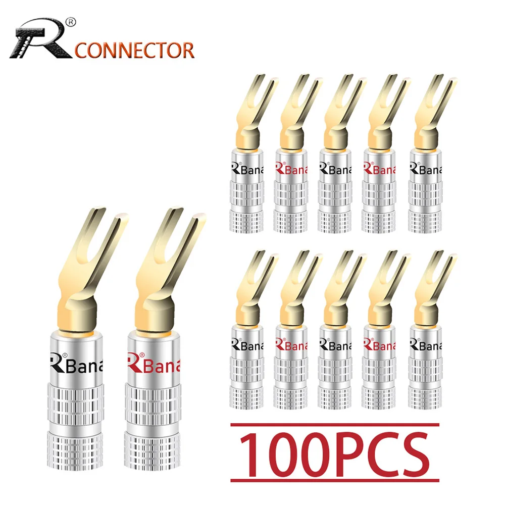 conector macho de banana banhado a ouro tipo y u plugues de banana latao 100 pcs 01