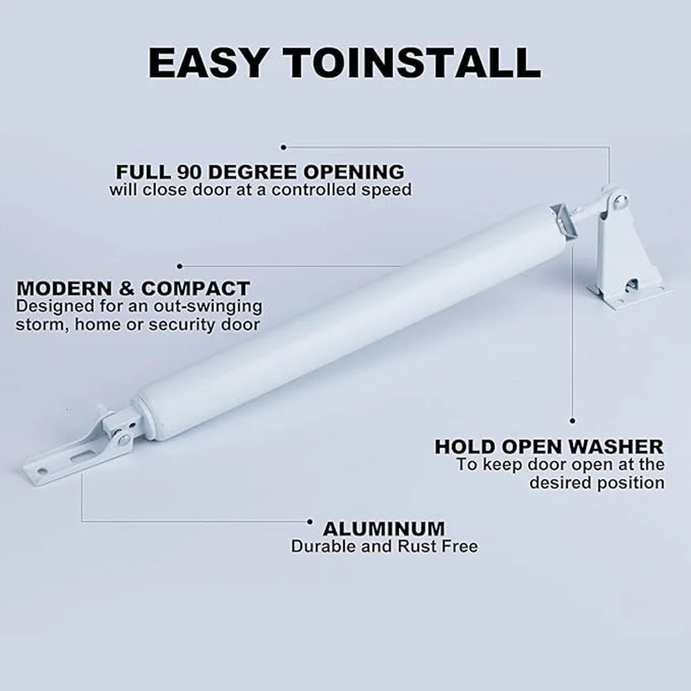Adjustable Pneumatic Door Closer White Finish Long Lasting Rust Aluminum Construction for Home For Storm Security Doors