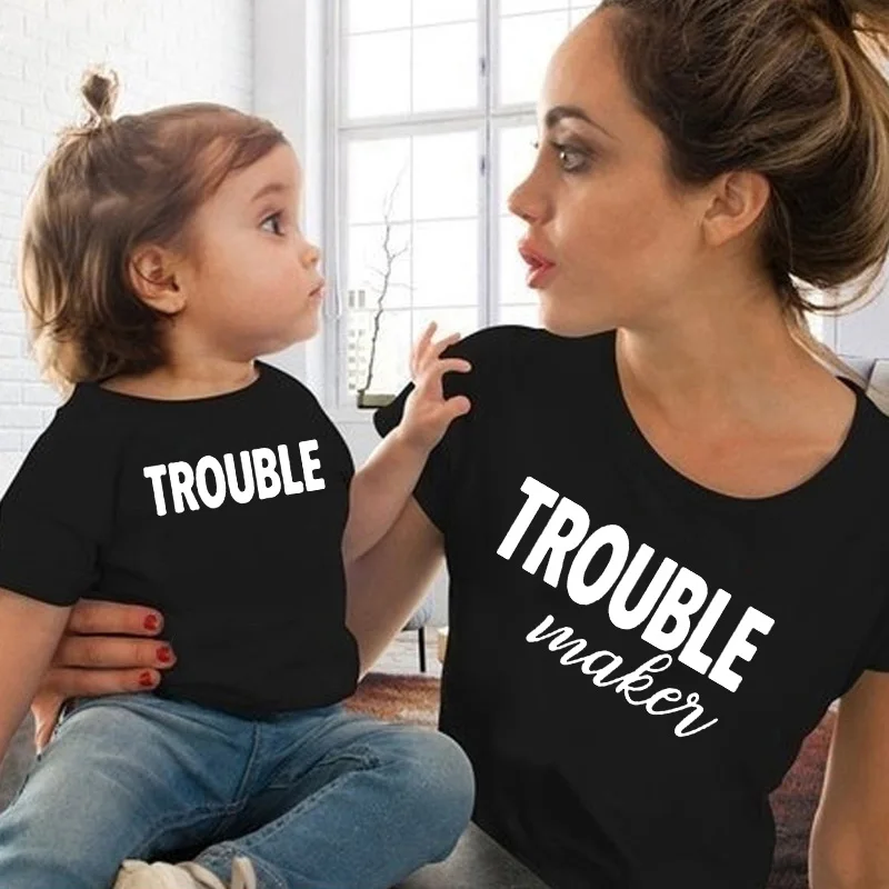 1pcs Trouble Maker Funny Mommy and Daughter T Shirt Mom & Kids Girls Short Sleeve Letters Print Family Matching T-shirt Clothes