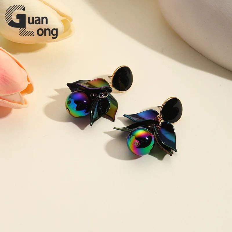 GuanLong New Trendy Big Cute Beads Leaf Dangle Earrings for Women Long Laser color Resin Drop Earring Girls Hanging Ear Jewelry