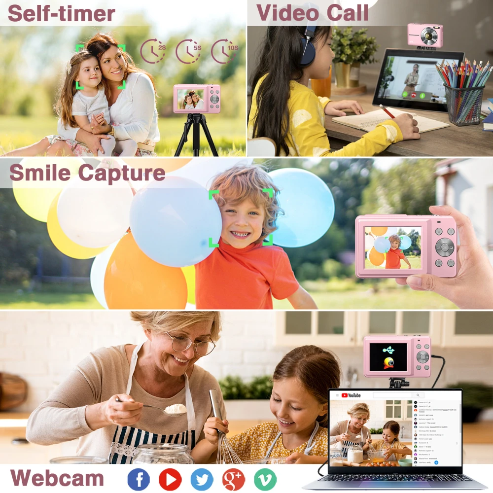 44MP Digital Camera, FHD 1080P Digital Camera for Kids with 32GB SD Card Anti Shake Portable Camera Small Camera for Teens, Pink