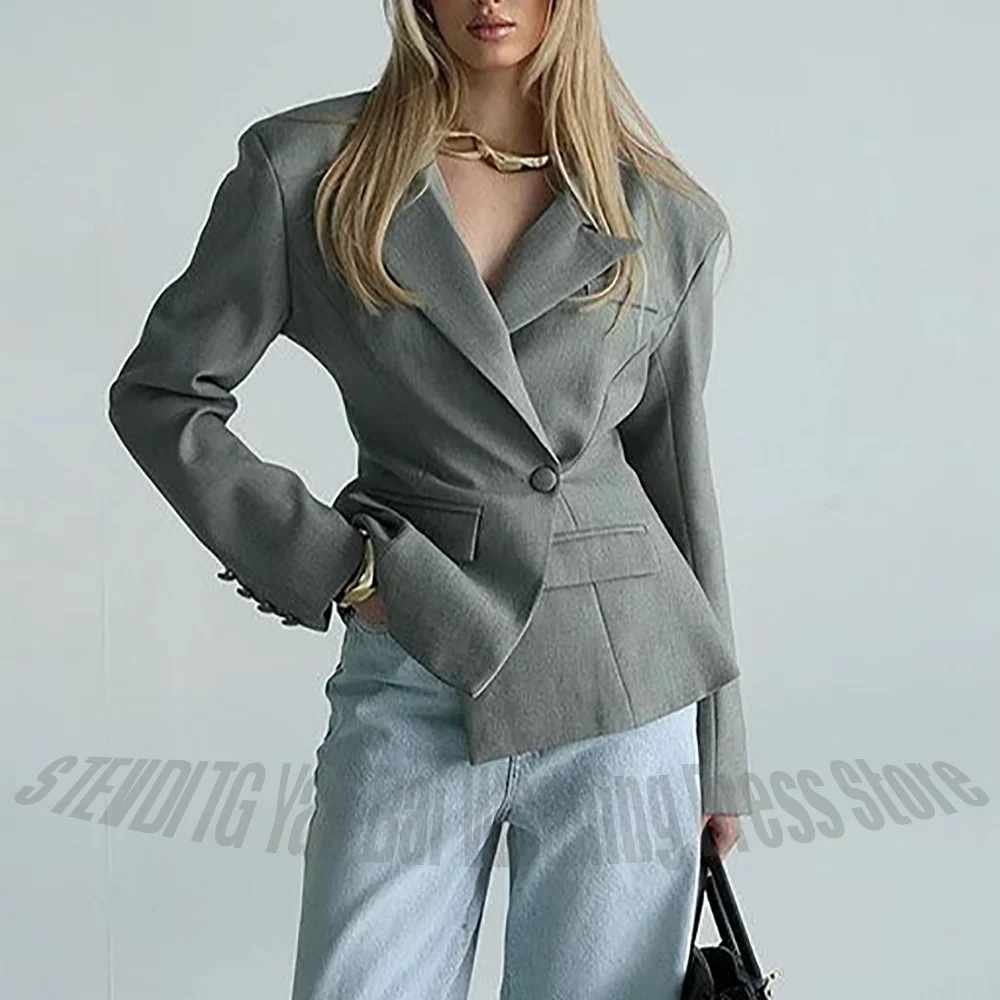 Stylish Grey Women's Suit 2 Piece Tailored Fit Single Button Jacket Denim Pants Straight Outfit Casual Daily Fashion Streetwear