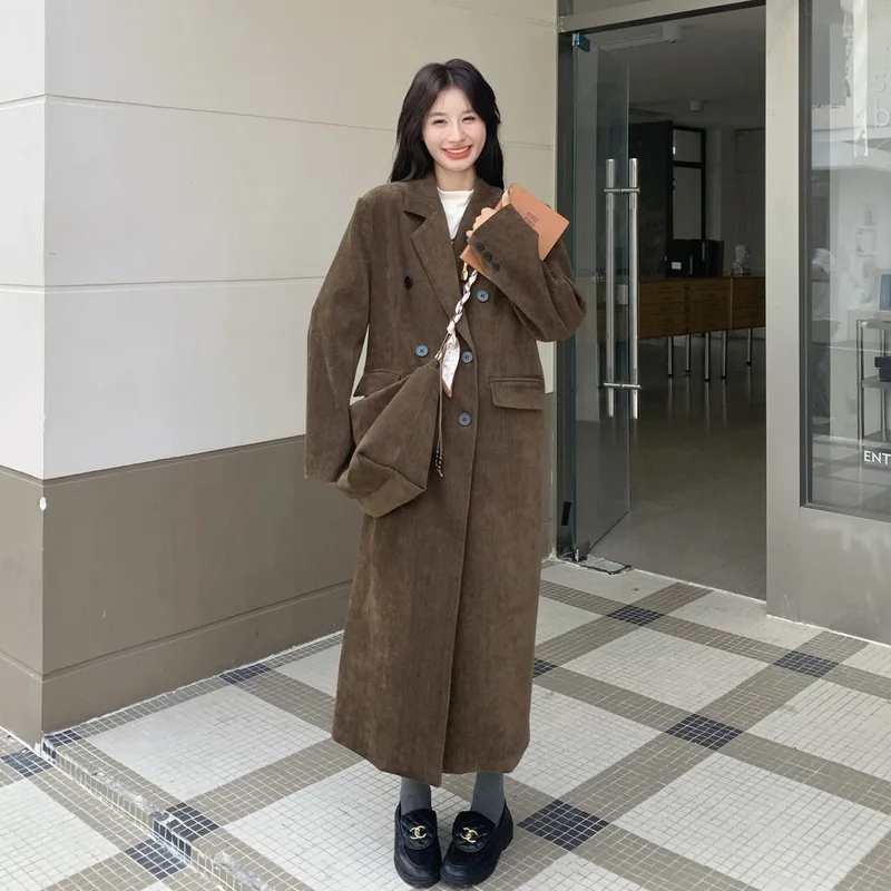 

SuperAen Classic Retro Brown Long Notched Coats 2026 Winter New Korean Style Double-breasted Straight Loose Coats