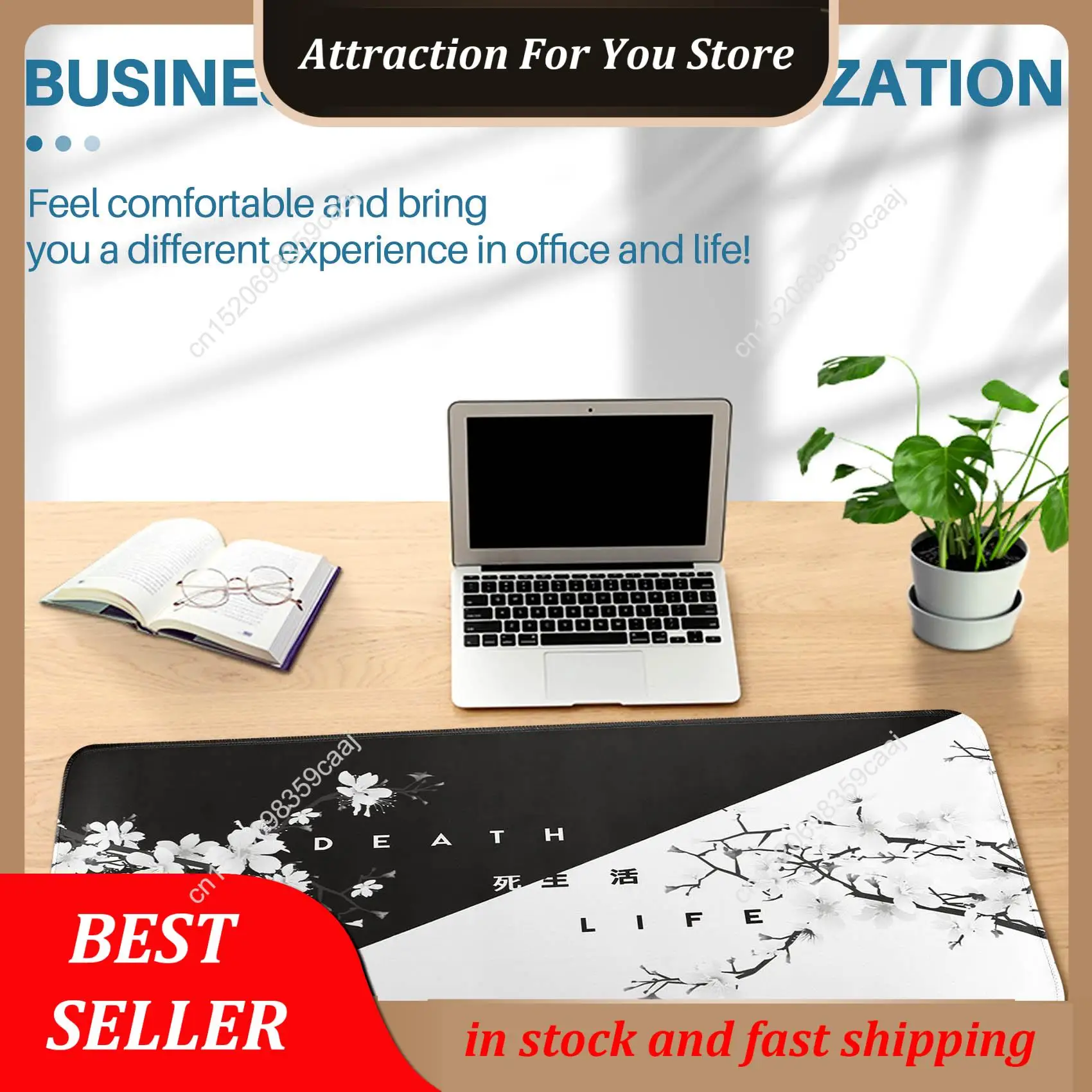 لوحة ماوس ألعاب زهر الكرز باللونين الأبيض والأسود الأكثر مبيعًا، وسادة مكتب كبيرة على شكل حصيرة ماوس، لوحة ماوس بحواف مخيطة، 31.5 × 11.8 بوصة