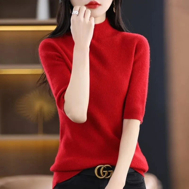 2024 Spring Knitted Tops Women Short Sleeve T Shirt Autumn Winter Turtleneck Pullovers T-shirt Tee Shirt Femme Tshirt Knitwear