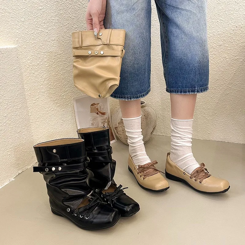 2026 Summer Women's Ballet Sandals with Tie, Two-Way Wear, Removable Pile Boots, Square Toe Shallow Flats