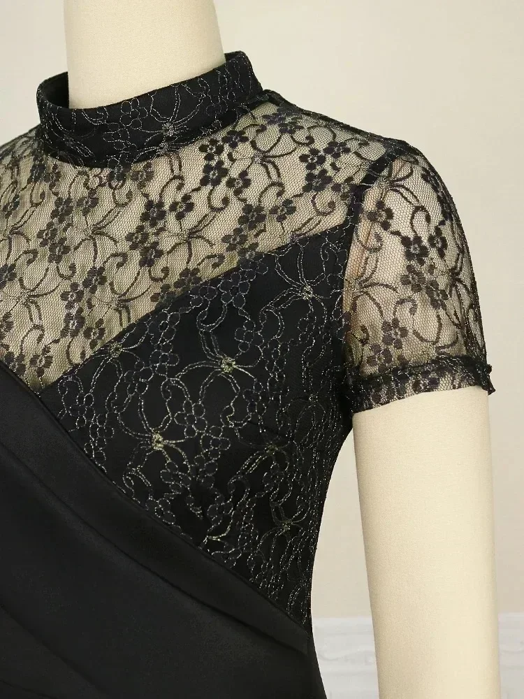 Robe noire élégante en patchwork de dentelle pour femmes, robes de soirée transparentes, manches transparentes, mince, voir à travers l'été, grande taille, zones de dame, robes de soirée, quoi que ce soit