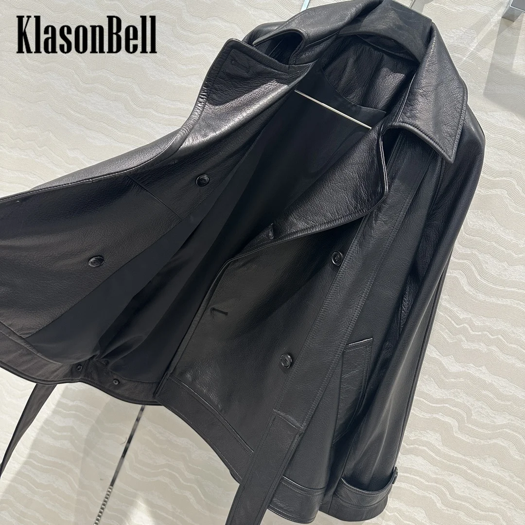 8.24 KlasonBell Women Vintage Fashion Long Leather Belt Collar Bow Sheepskin Jacket Double Breasted Loose Genuine Leather Coat