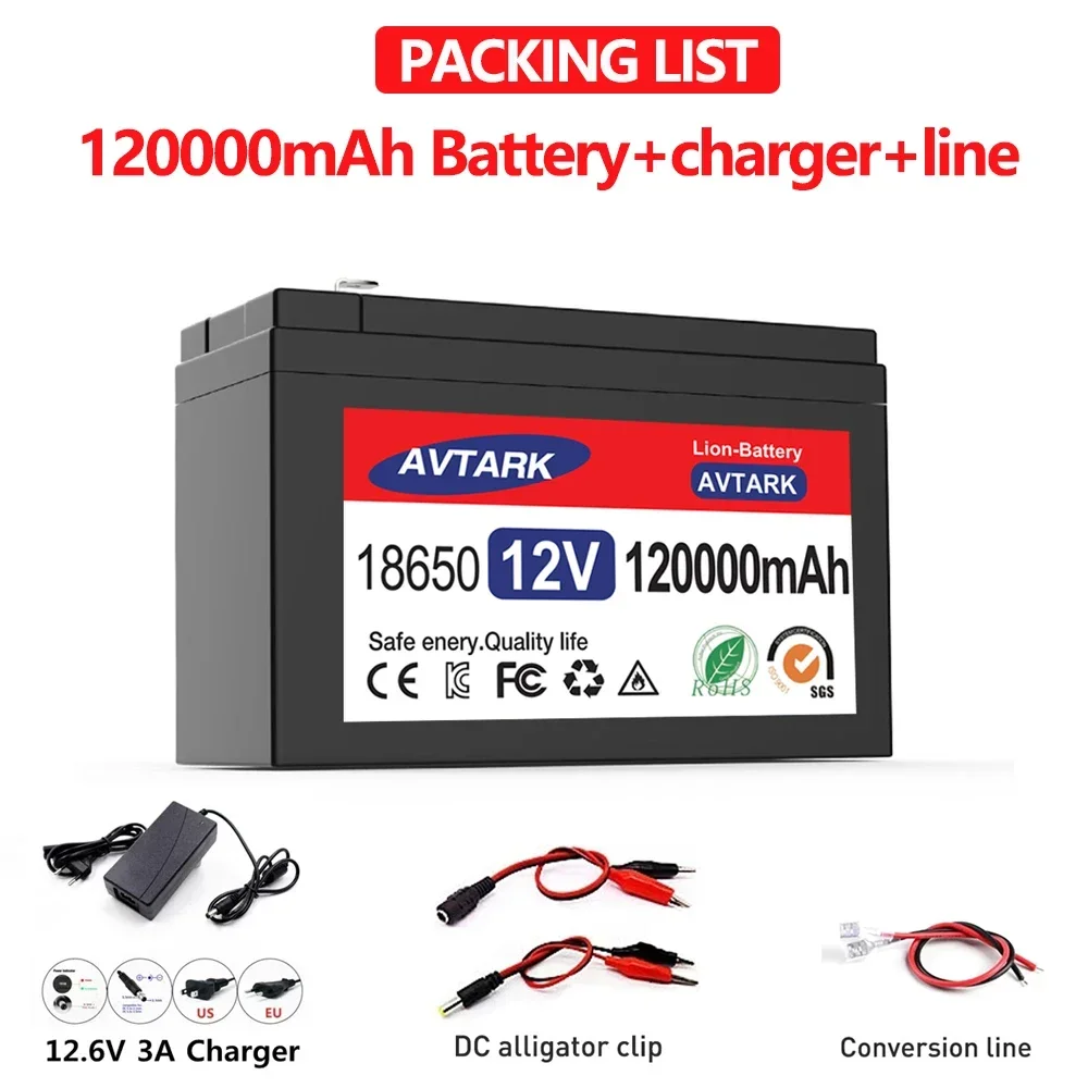 NEW 12V 120Ah 18650 Lithium Battery Pack Built-in High Current 30A BMS for Sprayers, Electric Vehicle Batterie+12.6V Charger