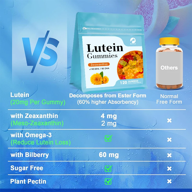 Kexinsh lutein gummies ป้องกันแสงสีฟ้าและบรรเทาอาการตาแห้งล้าและปกป้องสายตาบรรเทาอาการอักเสบจากลูทีนเหนียวสายตาสั้น