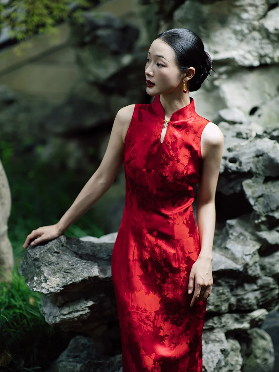 

Красное новое китайское платье-ципао для женщин, облегающее, для помолвки, свадебной церемонии, утренний халат, дышащее, легкое