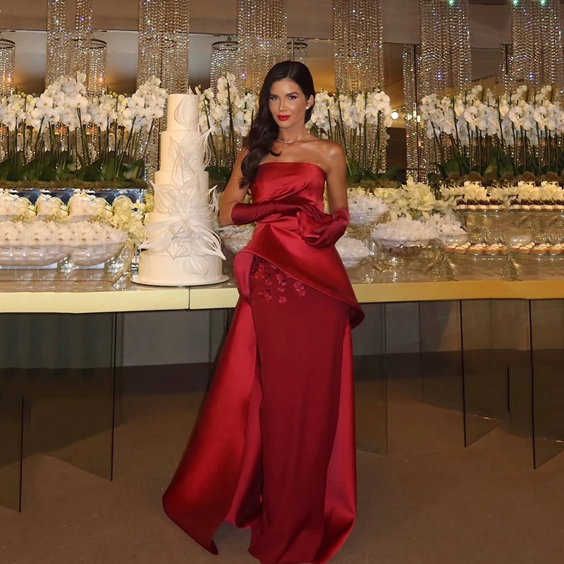 

Thinyfull Saudi Arabia Mermaid Prom Evening Dresses Strapless Appliques Gloves Party Dress Formal Cocktail Prom Gown Customized