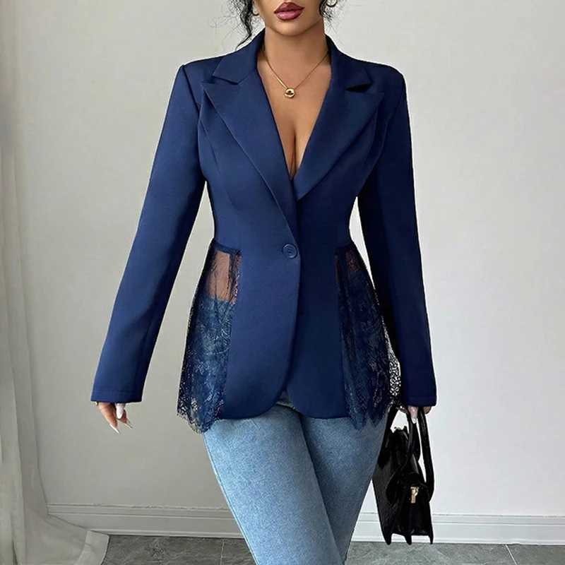 Blazer Elegante con Parches de Encaje para Mujer, Cuello de Solapa, Manga Larga, Un Botón, Estilo Transparente, Sexy y Versátil