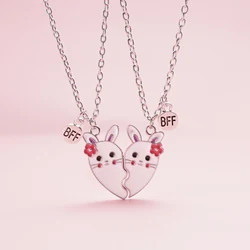 2 Pcs/Set Magnetism Rabbit Flower Best Friends Pendant Necklace Cute Rainbow Broken Heart Clavicle Chain BFF Jewelry Gifts