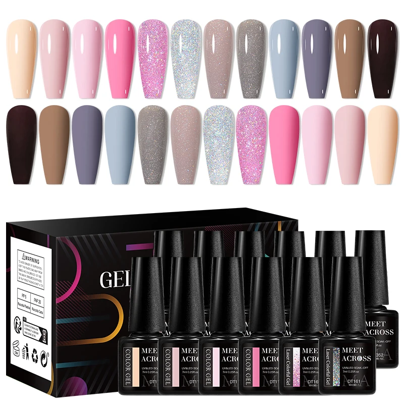 MEET ACROSS 12Pcs/Set Gel Nail Polish Set Colorful Glitter Nail Art Long-Lasting Soak Off UV Gel Kit for Manicure Nails Vernis