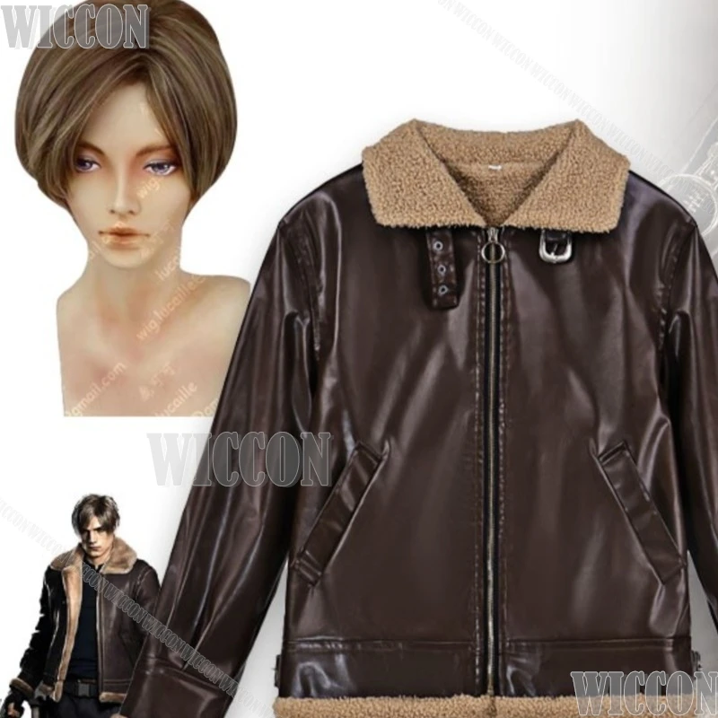 Disfraz de Cosplay de Leon Scott de Biohazard RE 4, Chaqueta de Cuero Sintético Marrón, para Comic Con, Halloween, Cosplay Masculino, Festival de Cómics