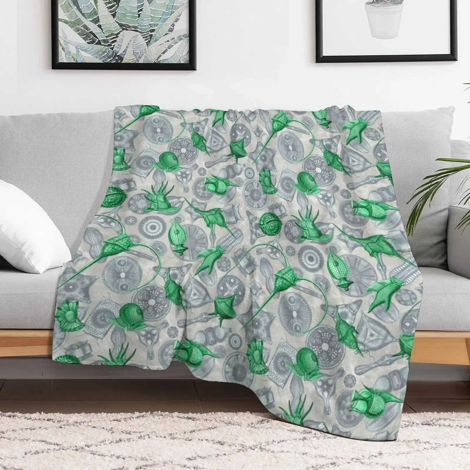 Ernst Haeckel Green Peridinea Algae Over Cerulean Diatoms Throw Blanket Giant Sofa Furrys Blankets