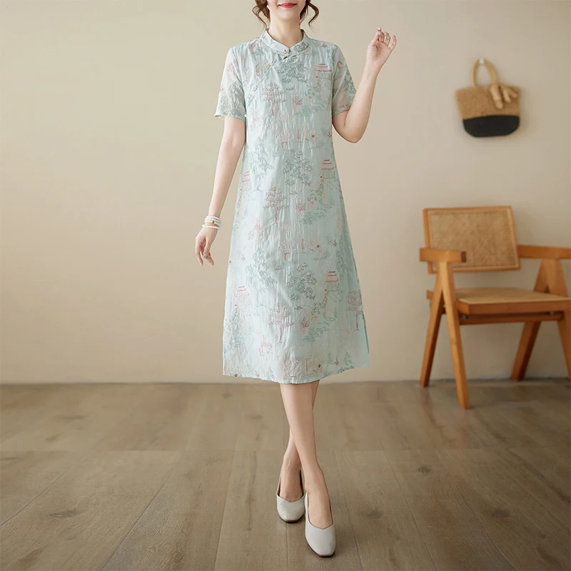 ملابس نسائية شابة من القطن Linhwa Summer Dr New Sle الصينية الوطنية لحفل الشاي على شكل حرف A تنورة ort...
