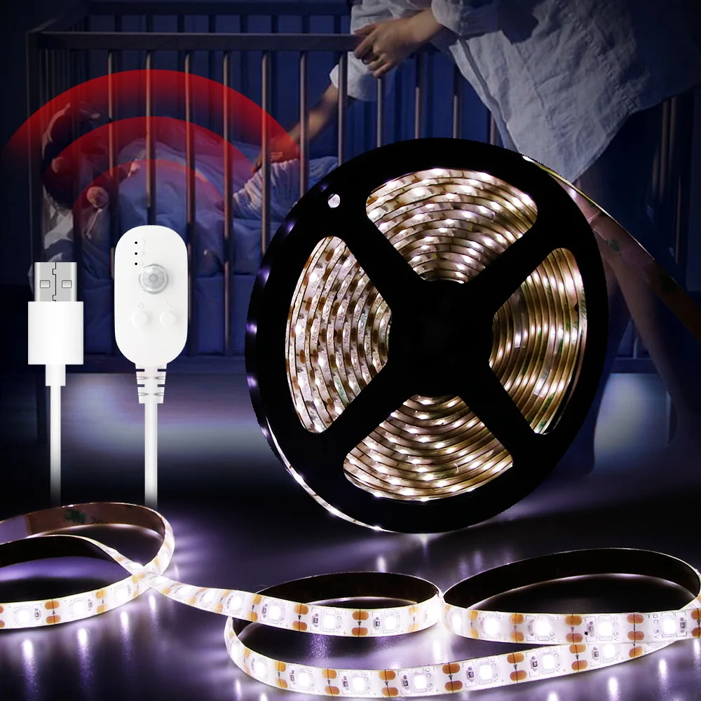 USB 5V LED Light Strip PIR Motion Sensor Waterproof Human Body Induction Night Light Strip Under Bed Cabinet Stairway Decor Lamp