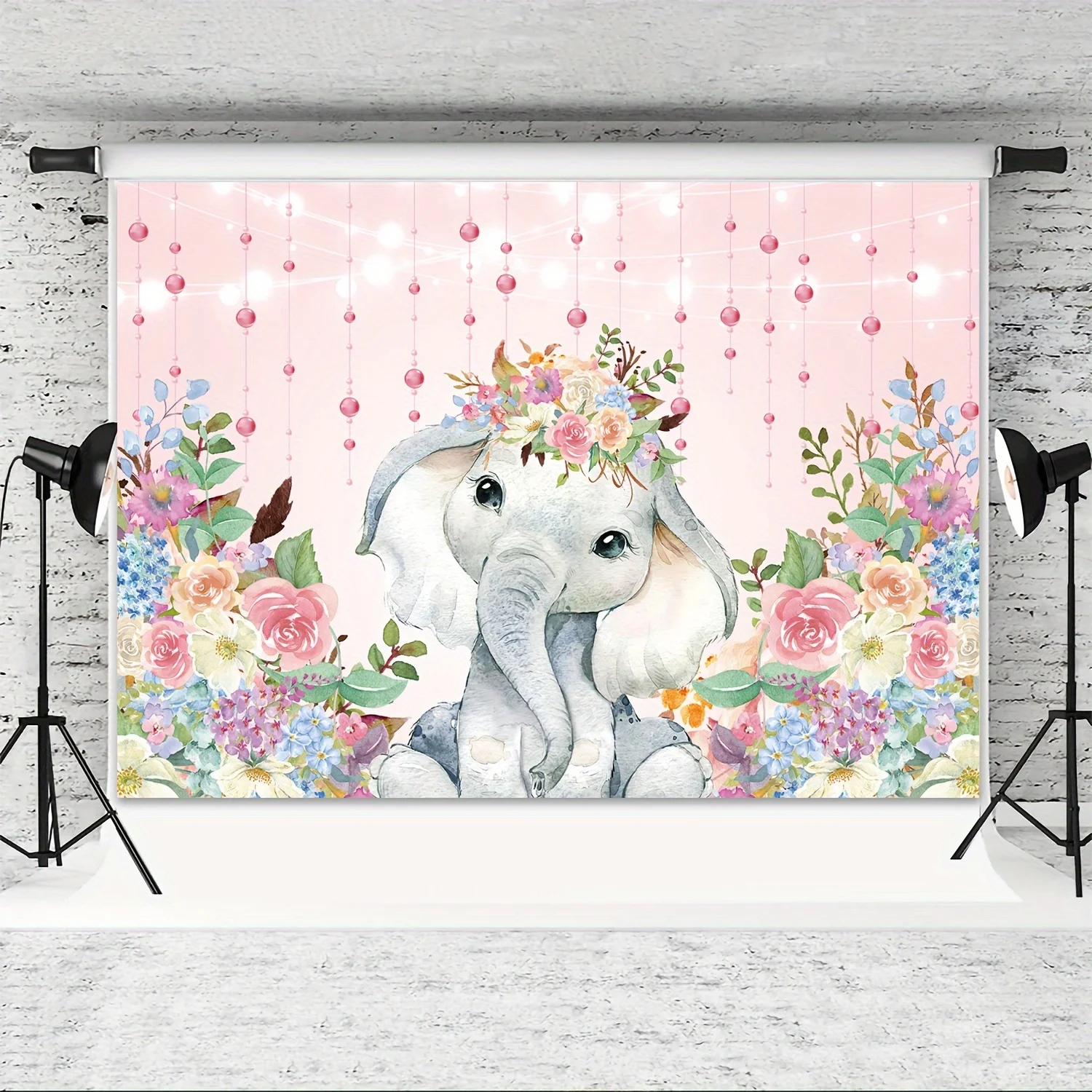 Watercolor pink floral Elephant baby shower background, Happy Birthday party decorated cake table banner