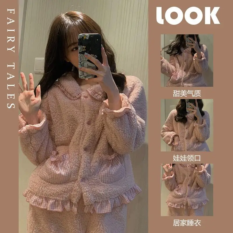 Girl Sweet Doll Collar Coral Velvet Pajamas Women's New Winter Princess Wind and Velvet Thickened Home Set  Leisure Wear