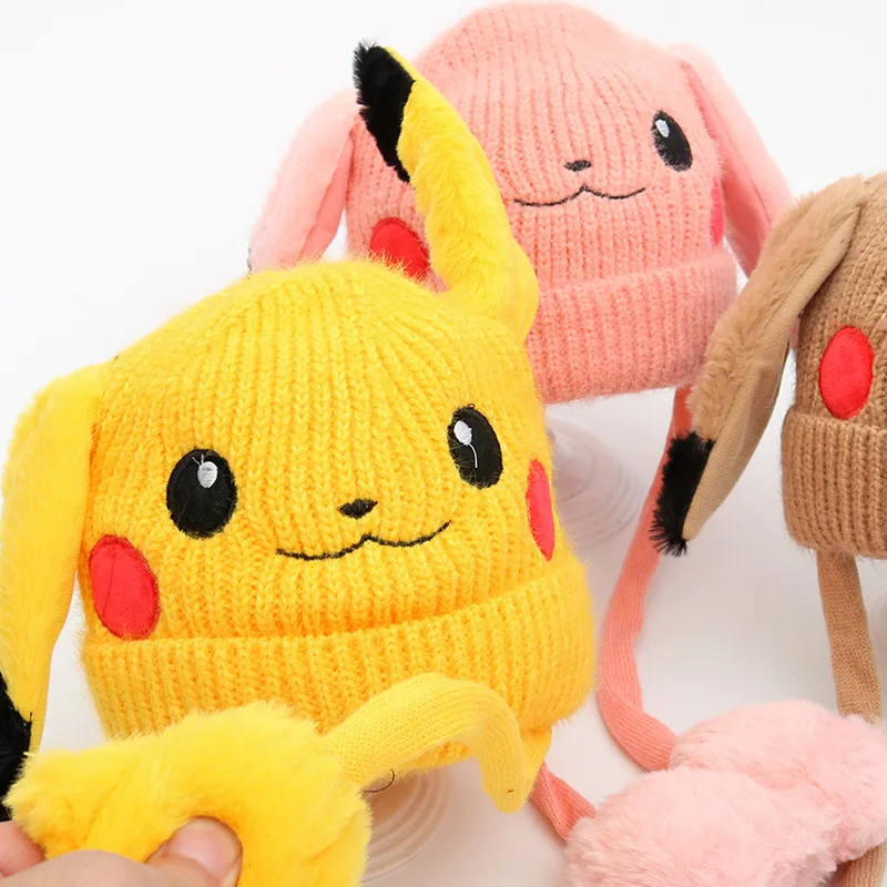 Czapka Pikachu z ruchomymi uszami dziecięca czapka z dzianiny jesienno-zimowa ciepła internetowa czapka gwiazd prezenty dla dzieci czapka dekoracyjna