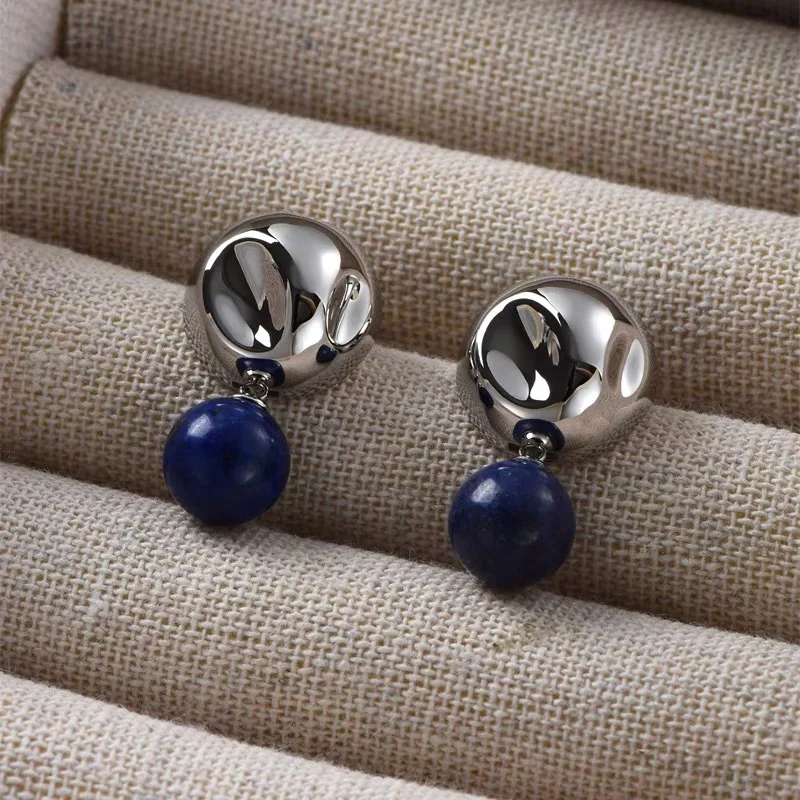 

Lapis Lazuli Metal Ball Earrings Light Luxury Niche Retro Versatile Temperament Natural Stone Drop Statement Earrings for Women