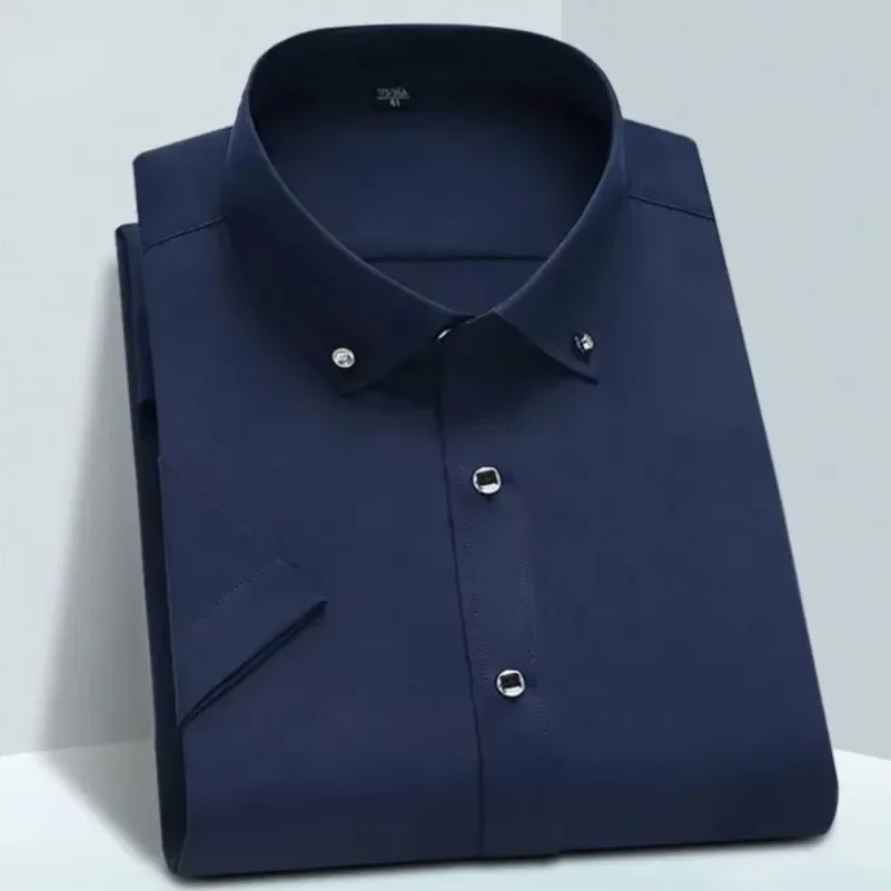 High Quality Non-ironing Mens Dress Shirt Short Sleeve New Solid Male Clothing Fit White Blue Navy Black Brand Business Shirts