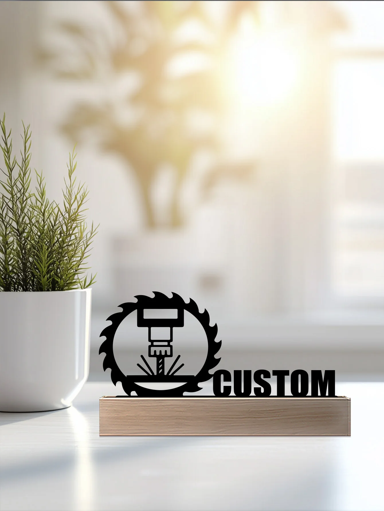 1pc Simple Electric drill and gears Custom Name Metal Statue With Wood Base Iron Ornament Metal Sculpture With Wood Base