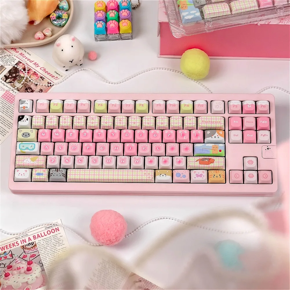 

Cute Anime Cat Pink Keycaps PBT Sublimated Kawaii for Wooting Keyboard
