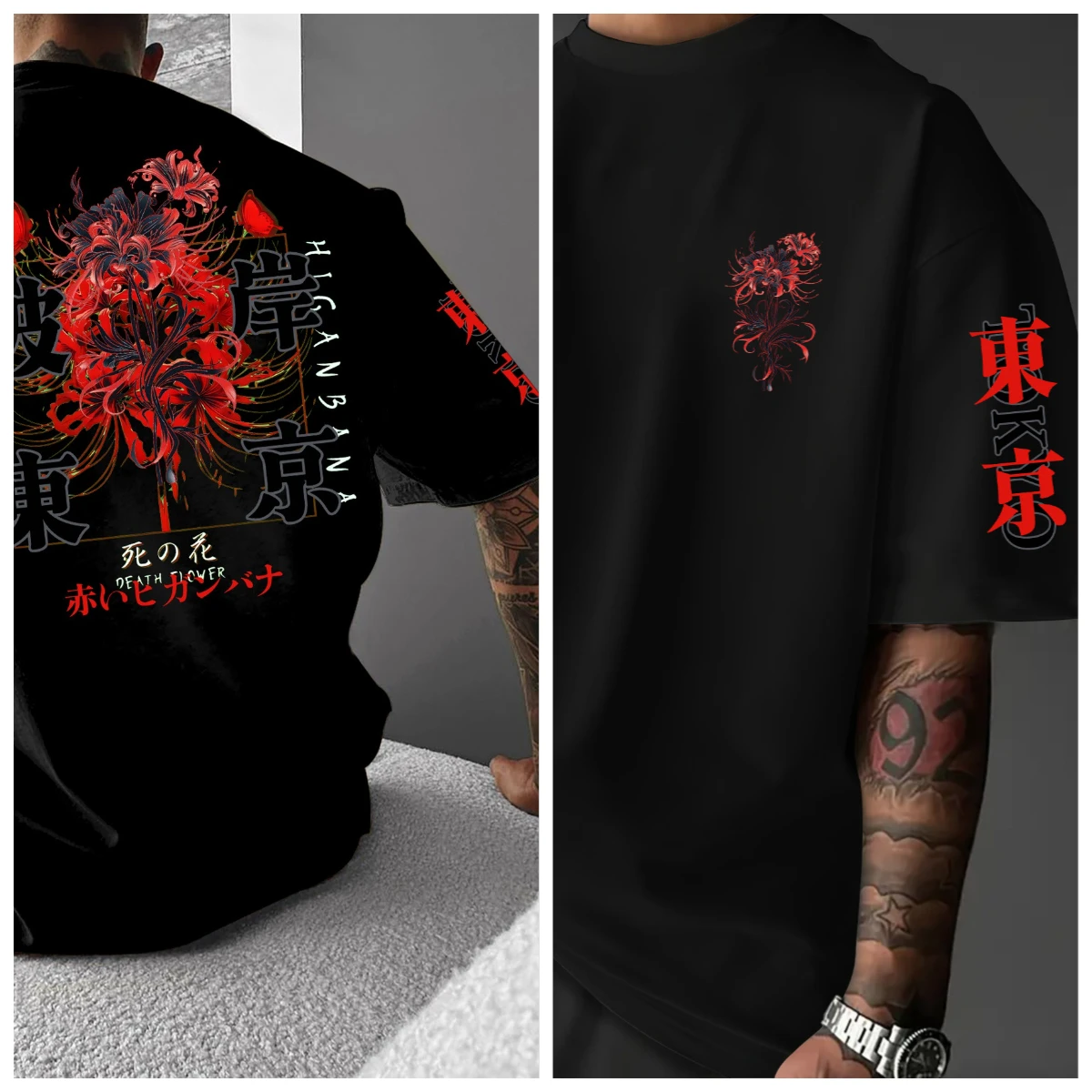 Bian An Hua Kunstillustration mit englischen Elementen im Stil von „DEATH FLOW“, europäisches und amerikanisches Freizeit-T-Shirt mit Rundhalsausschnitt für erwachsene Männer – Detail 6