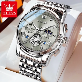 OLEVS stainless steel mens watches chronograph moon phase waterproof luminous quartz wristwatch for men luxury brand man watch
