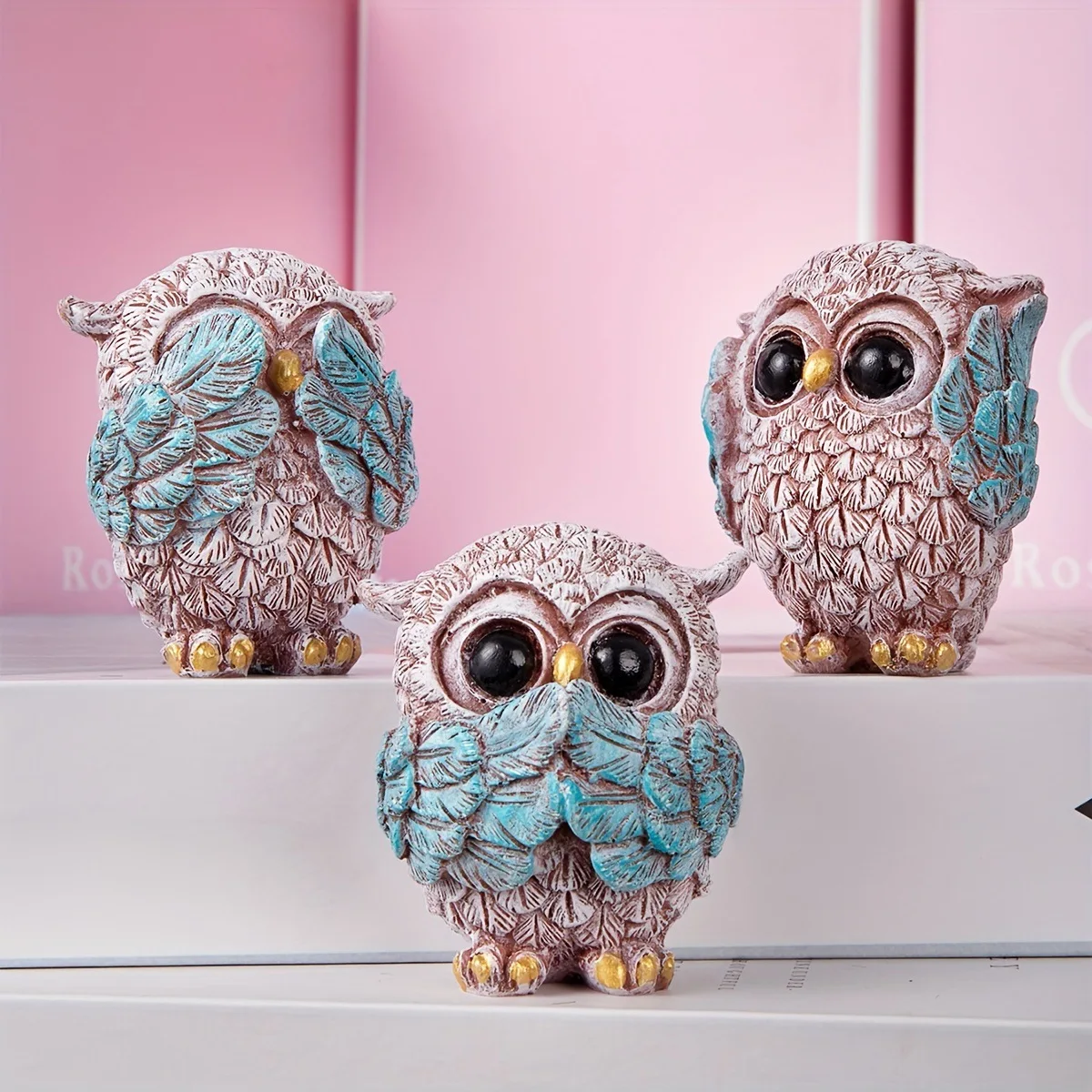 3‌pcs Creative Owl Resin Figurine Set – See Hear Speak Design, Cute Desktop Decor