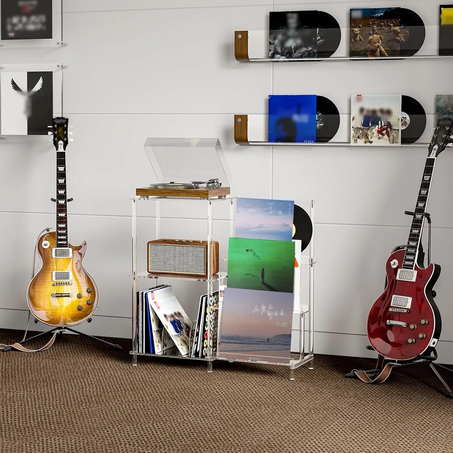 

Acrylic Record Player Stand with Vinyl Storage, 3-Tier Table with Record Holder, Holds Up to 200 Albums, with Dividers
