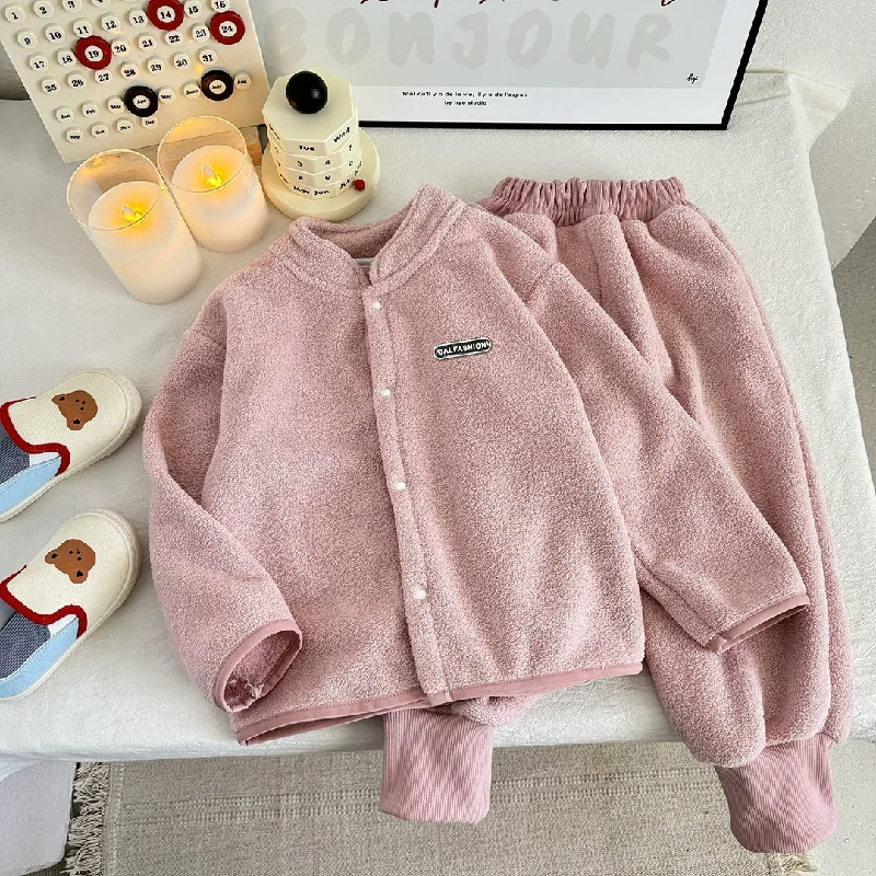 Autumn Kids Fleece Sets Winter Single Breasted Cardigan Top + Pants 2Pcs Boys Girls Casual Long Sleeved Outfits Children Clothes