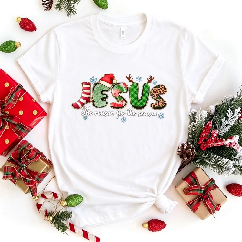 Jesus The Reason for The Season Christmas Graphic T Shirt Men Women Holiday Leopard Plaid Print Cotton Tee Y2k Top