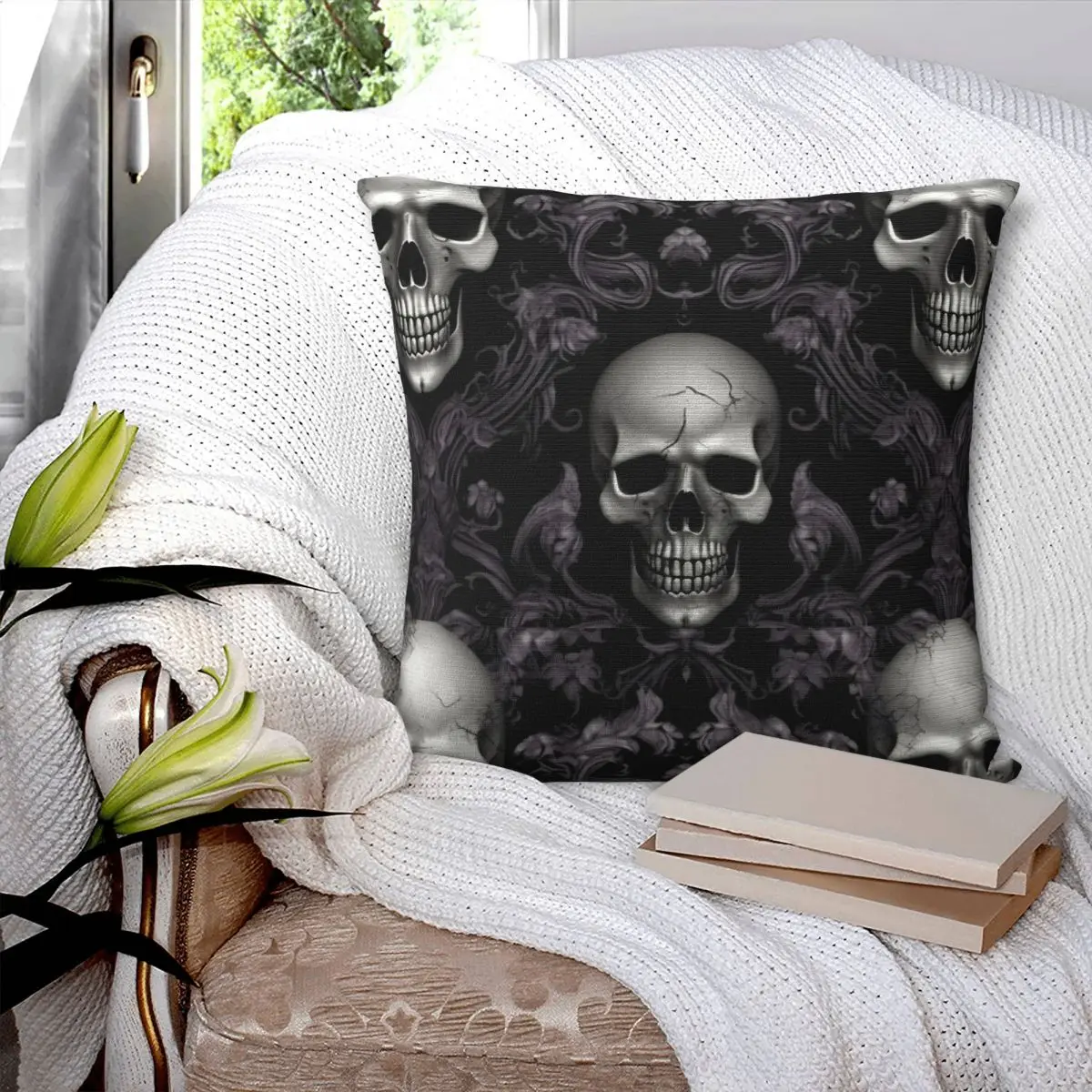 Damask Pattern With Skulls Gothic Goth Pillowcase Printed Polyester Cushion Cover Decorative Throw Pillow Case Cover Chair