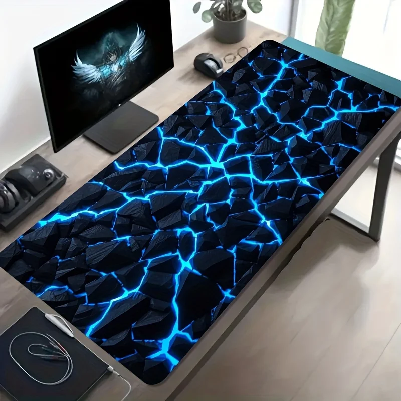 

A Large Electronic Sports Gaming Mouse Pad Featuring a Black Stone Texture with Blue Glowing Cracks, Designed for Easy Cleaning