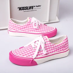 Women Canvas Shoes Fashion Korean Style Skateboarding Shoes Low Top Gingham Casual Sneakers Comfortable Pink Women Skate Shoes