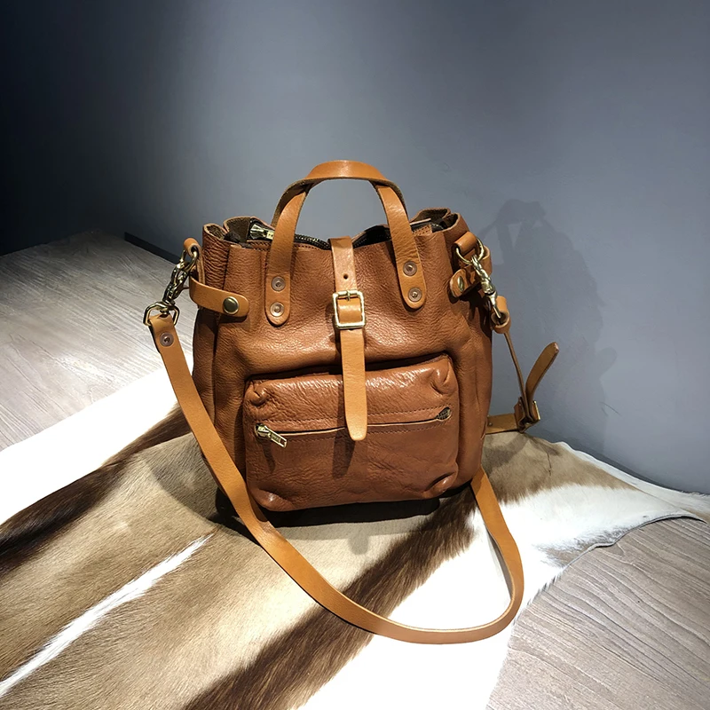 Retro Thick Leather Women Bag Vegetable Tanned Cowhide Leather Handbags Single Shoulder Messenger Bag Vintage Female Tote Bags