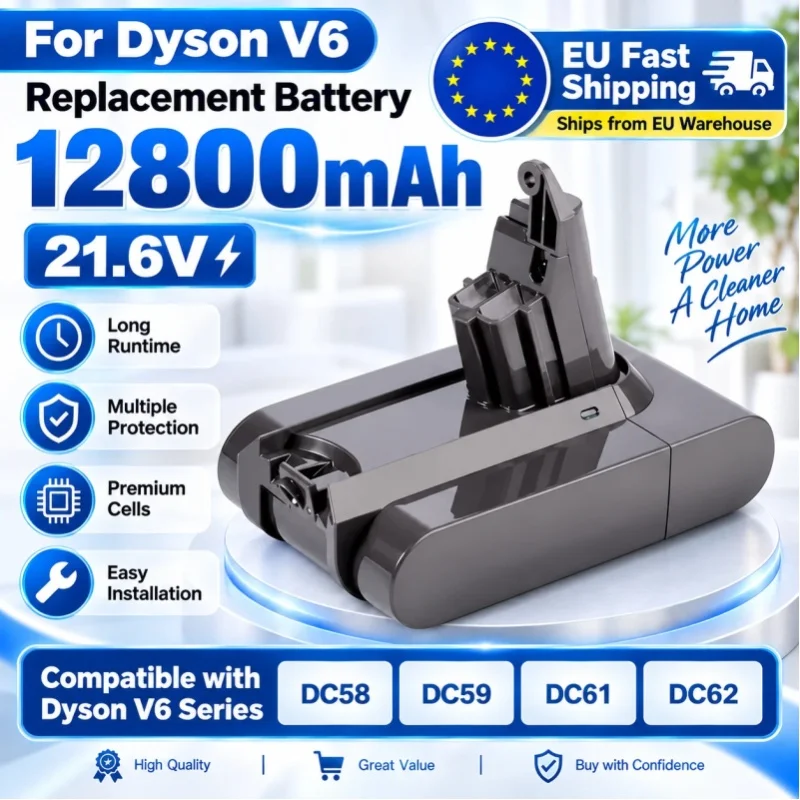 12800-mAh-Lithium-Ionen-Ersatzakku, kompatibel mit dem kabellosen Dyson V6-Staubsauger, wiederaufladbarer Akku mit hoher Kapazität und Mehrfachschutzsystem.