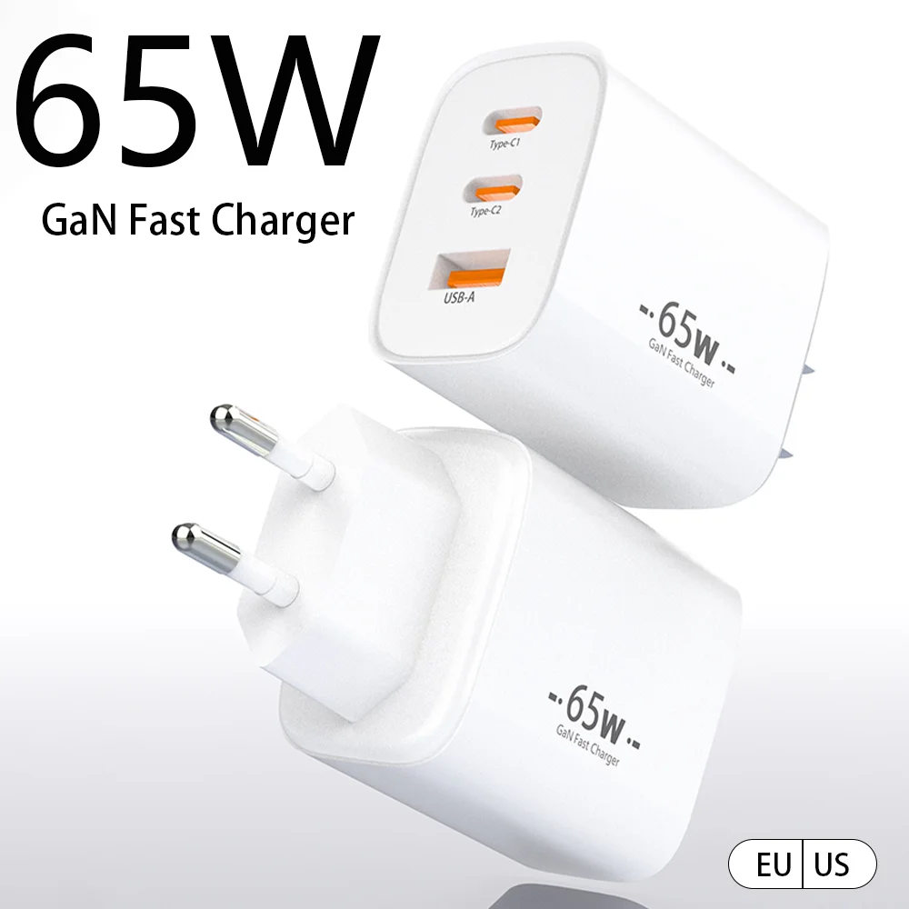 

Зарядное устройство GaN 65 Вт с быстрой зарядкой Type-C, 3 порта (PD, QC, PPS), USB-зарядка 45 Вт для ноутбуков, iPhone 17, 16, 15 Pro Max, iPad Pro, Galaxy S20