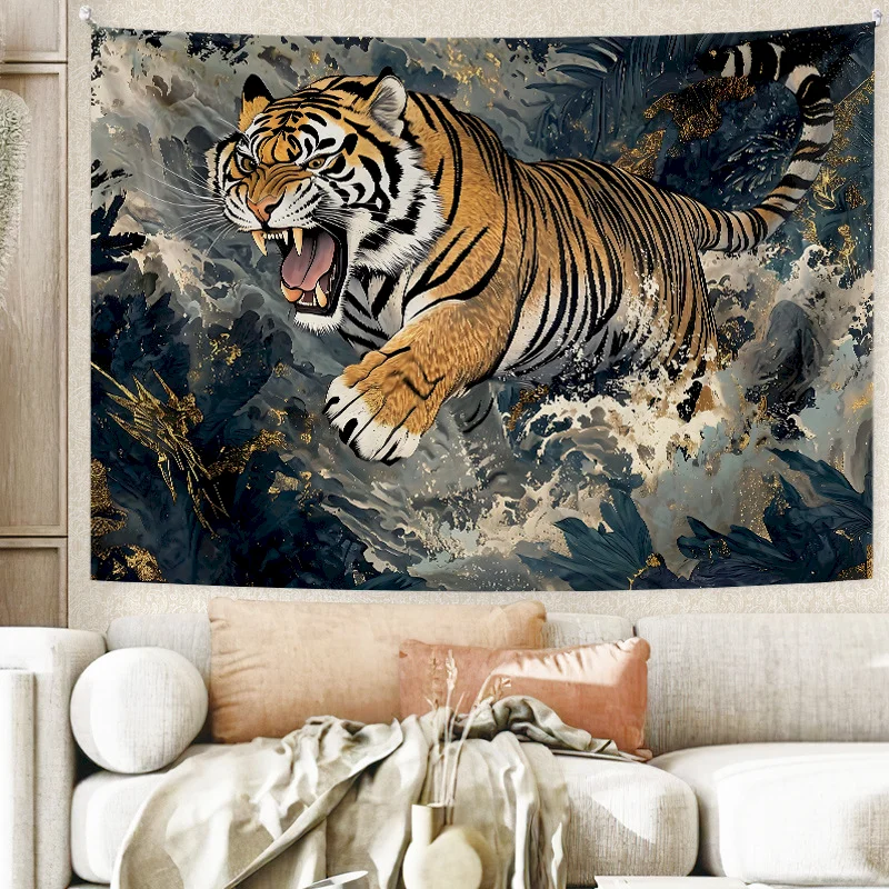 VIKAMA Roaring Tiger Tapestry, Dark Gold Jungle Wall Hanging Home Decor, Aesthetic Boho Living Room Tapestries