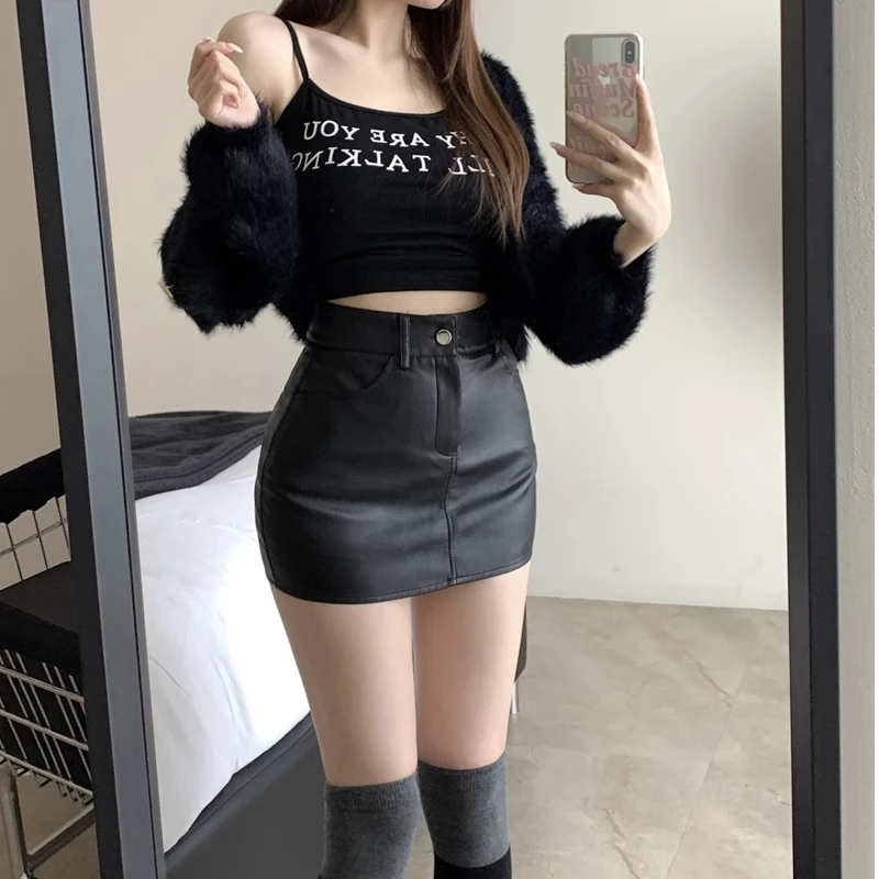 Black PU Leather  Skirt High Waist A-Line Slimming Versatile Women's Autumn Winter Sexy Short Skirt Pants for Trendy Girls