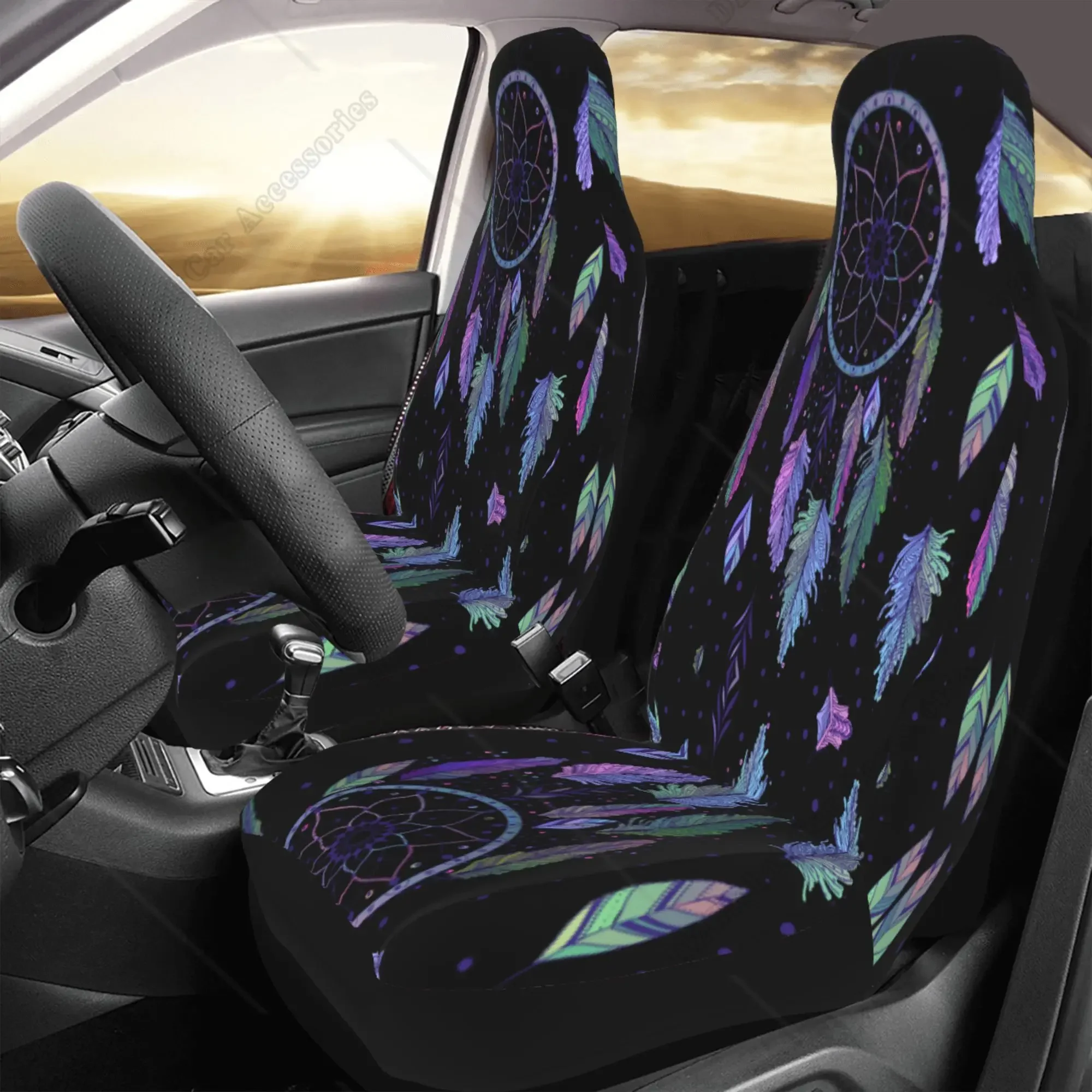 Watercolor Dream Catcher Mandala Fabric Front Seat Covers Bohemia Design Car Interior Protector Set of 2 Universal