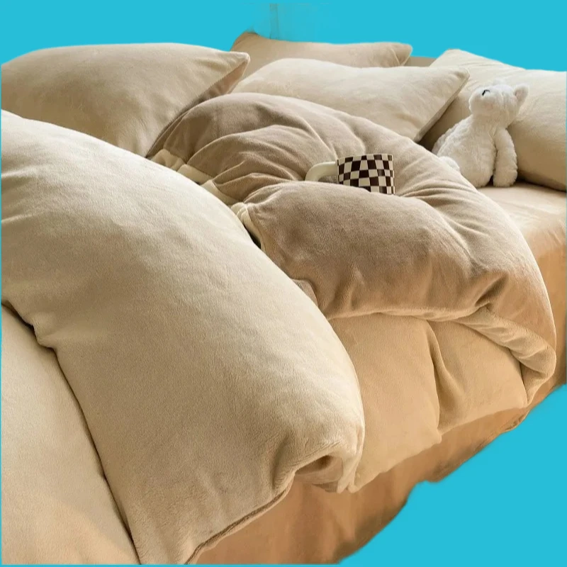 2025 new solid color double parcel milk fleece quilt set four-piece winter flange coral fleece quilt cover bed sheet set