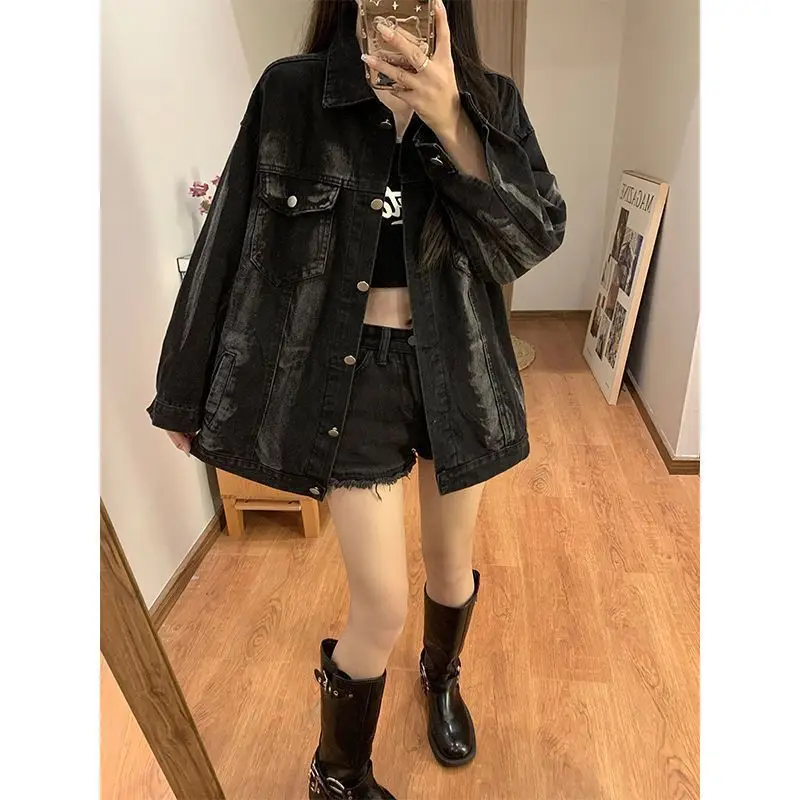 

Autumn Women'S Cropped Jackets Washed Vintage Stand Collar Gradient Style Lightweight Padded Color Quality Racer Navy Racing